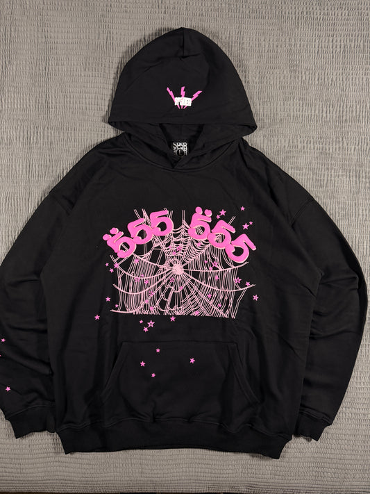 SP5DER Worldwide “555 Pink Web” Hoodie – Black (Authentic 2022–2023 Edition)