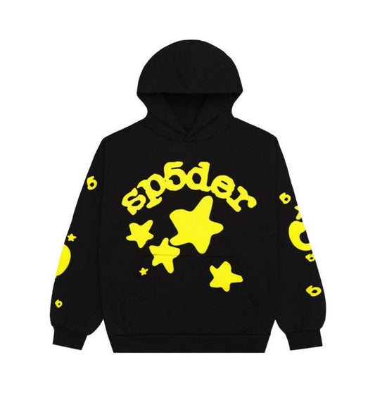 Sp5der Worldwide “555 Stars” Hoodie – Black/Yellow (Authentic 2023 Edition)