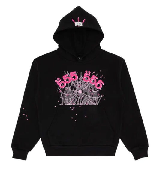 SP5DER Worldwide “555 Pink Web” Hoodie – Black (Authentic 2022–2023 Edition)